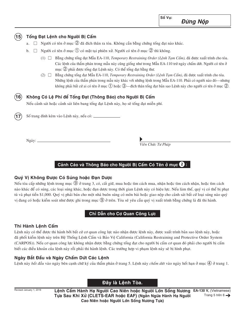 Form EA-130 V Elder or Dependent Adult Abuse Restraining Order After Hearing (Clets-Ear or Eaf) - California (Vietnamese), Page 5