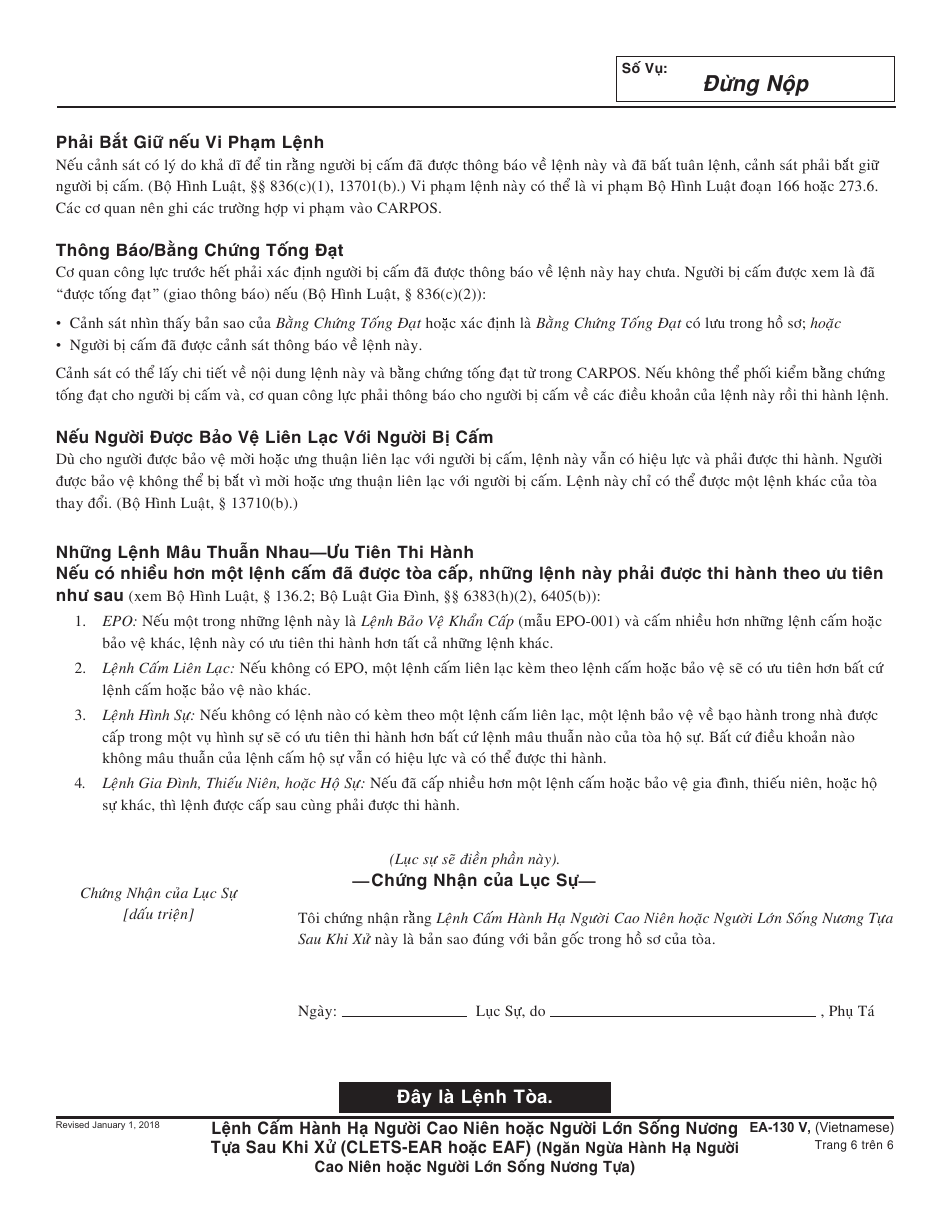 Form EA-130 V Elder or Dependent Adult Abuse Restraining Order After Hearing (Clets-Ear or Eaf) - California (Vietnamese), Page 6