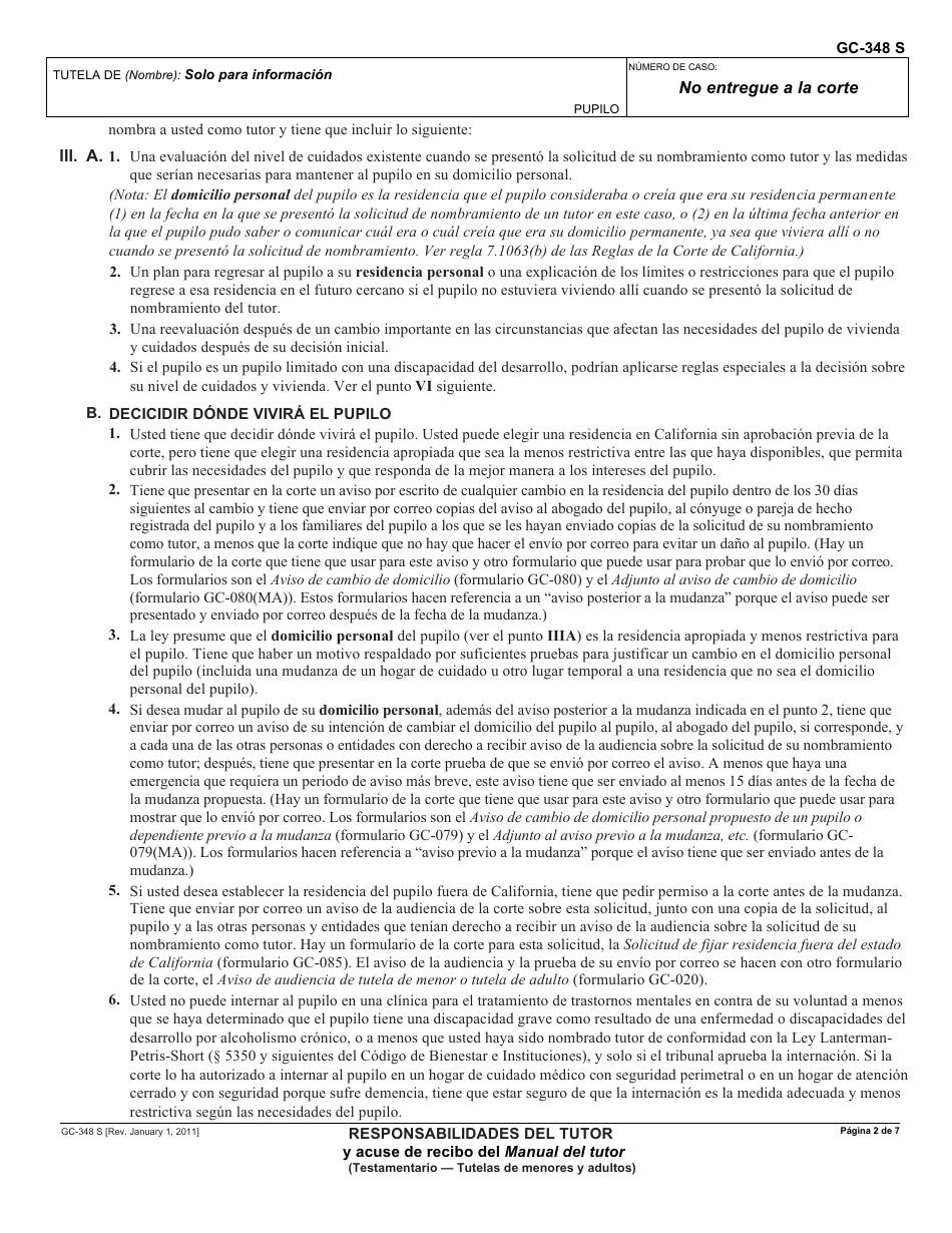 Formulario GC-348 S Responsabilidades Del Tutor Y Acuse De Recibo Del Manual Del Tutor - California (Spanish), Page 2