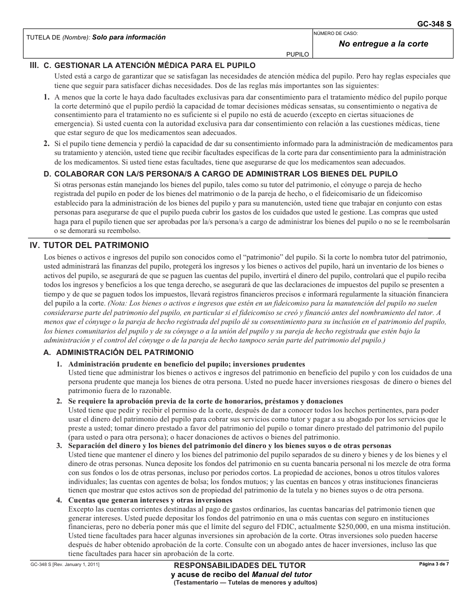 Formulario GC-348 S Responsabilidades Del Tutor Y Acuse De Recibo Del Manual Del Tutor - California (Spanish), Page 3