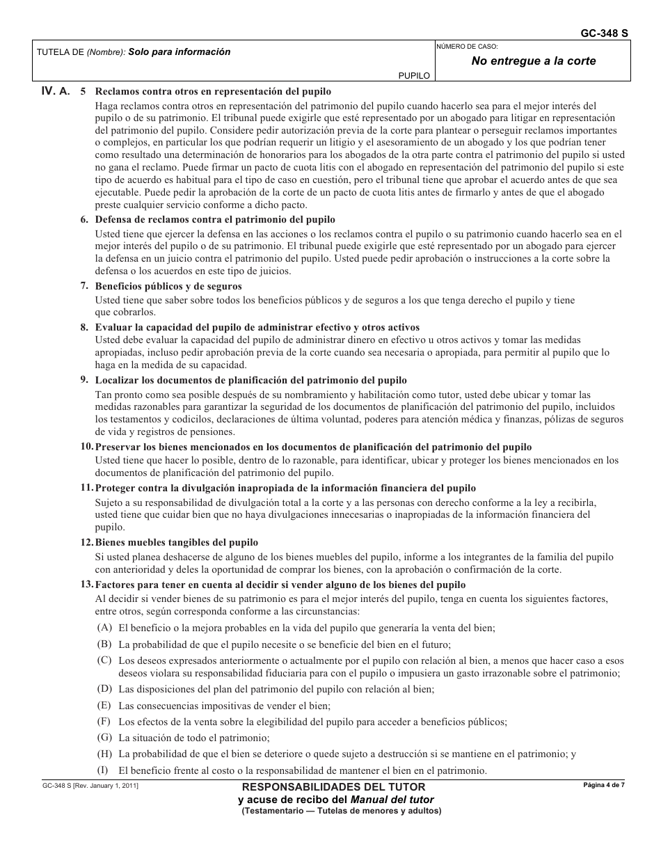 Formulario GC-348 S Responsabilidades Del Tutor Y Acuse De Recibo Del Manual Del Tutor - California (Spanish), Page 4