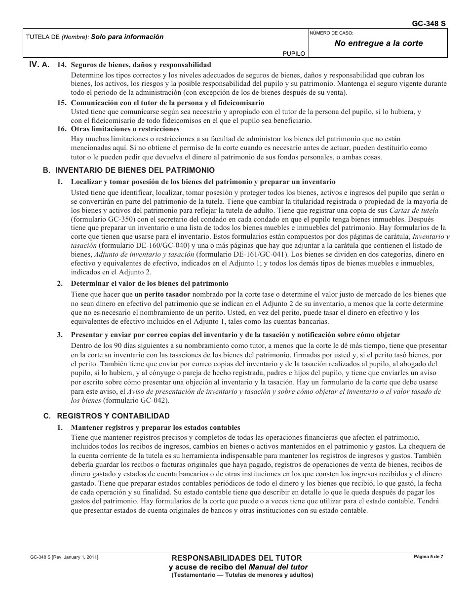 Formulario GC-348 S Responsabilidades Del Tutor Y Acuse De Recibo Del Manual Del Tutor - California (Spanish), Page 5