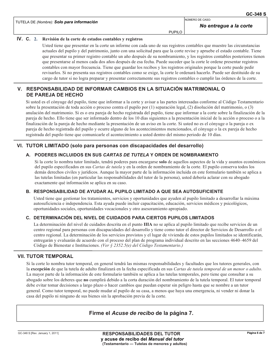 Formulario GC-348 S Responsabilidades Del Tutor Y Acuse De Recibo Del Manual Del Tutor - California (Spanish), Page 6