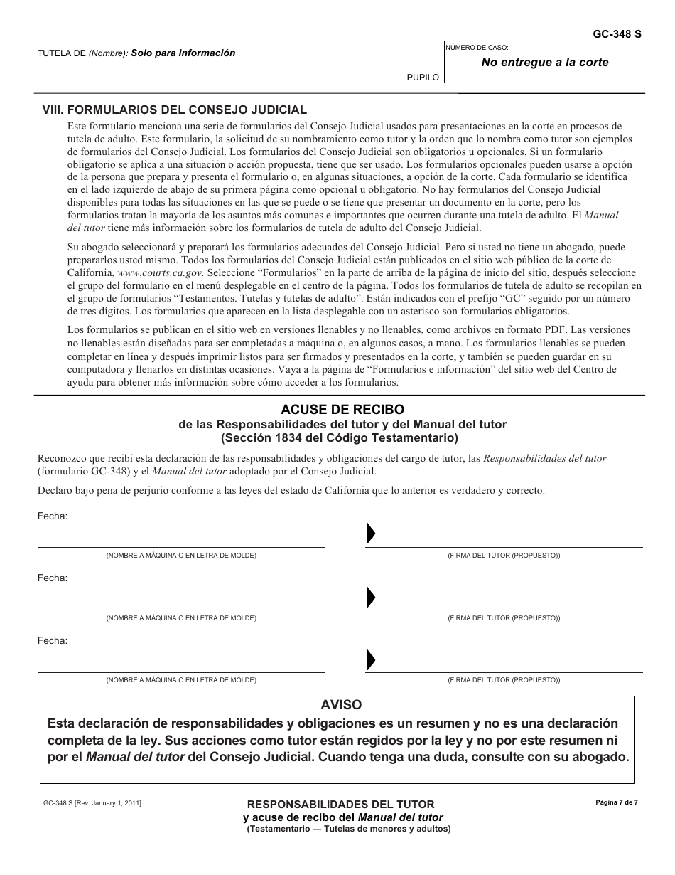 Formulario GC-348 S Responsabilidades Del Tutor Y Acuse De Recibo Del Manual Del Tutor - California (Spanish), Page 7
