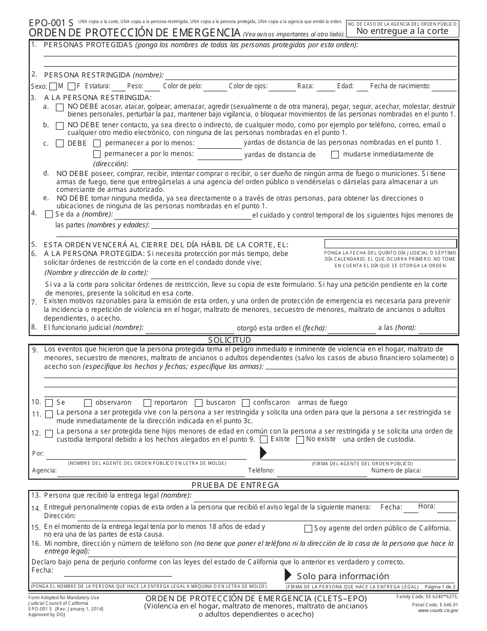 Formulario EPO-001 S Orden De Proteccion De Emergencia - California (Spanish), Page 1