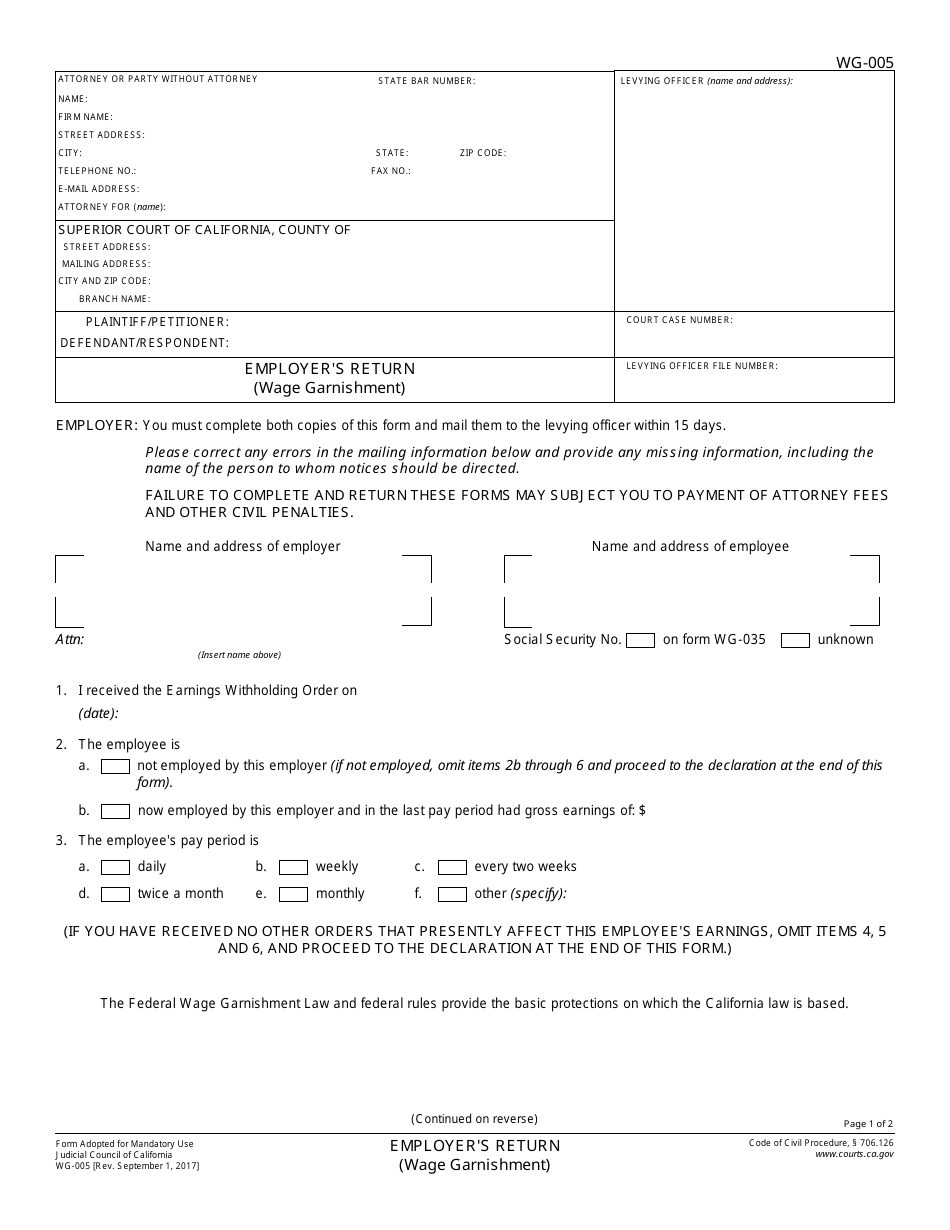 Form WG-005 Employers Return (Wage Garnishment) - California, Page 1