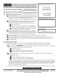 Document preview: Formulario DV-400 S Determinaciones Y Orden Para Dar Por Terminada Una Orden De Restriccion Despues De Audiencia - California (Spanish)