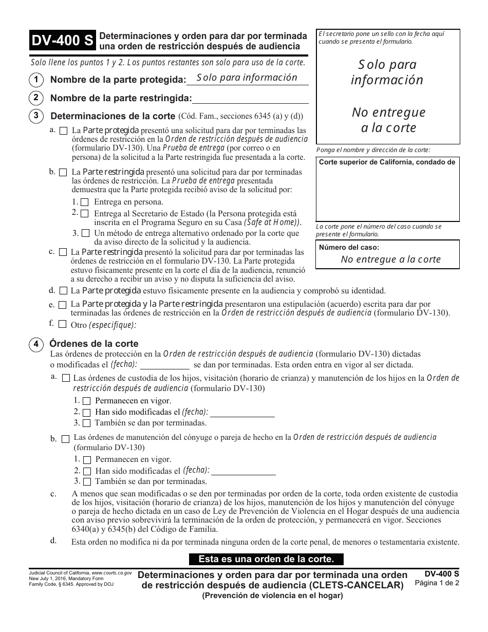 Formulario DV-400 S Determinaciones Y Orden Para Dar Por Terminada Una Orden De Restriccion Despues De Audiencia - California (Spanish), Page 1