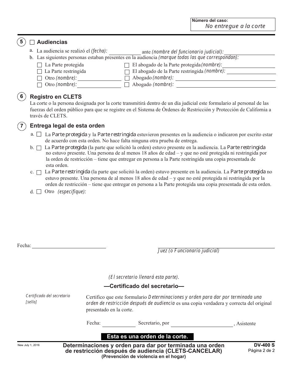 Formulario DV-400 S Determinaciones Y Orden Para Dar Por Terminada Una Orden De Restriccion Despues De Audiencia - California (Spanish), Page 2