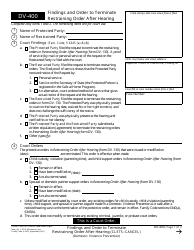 Document preview: Form DV-400 Findings and Order to Terminate Restraining Order After Hearing - California