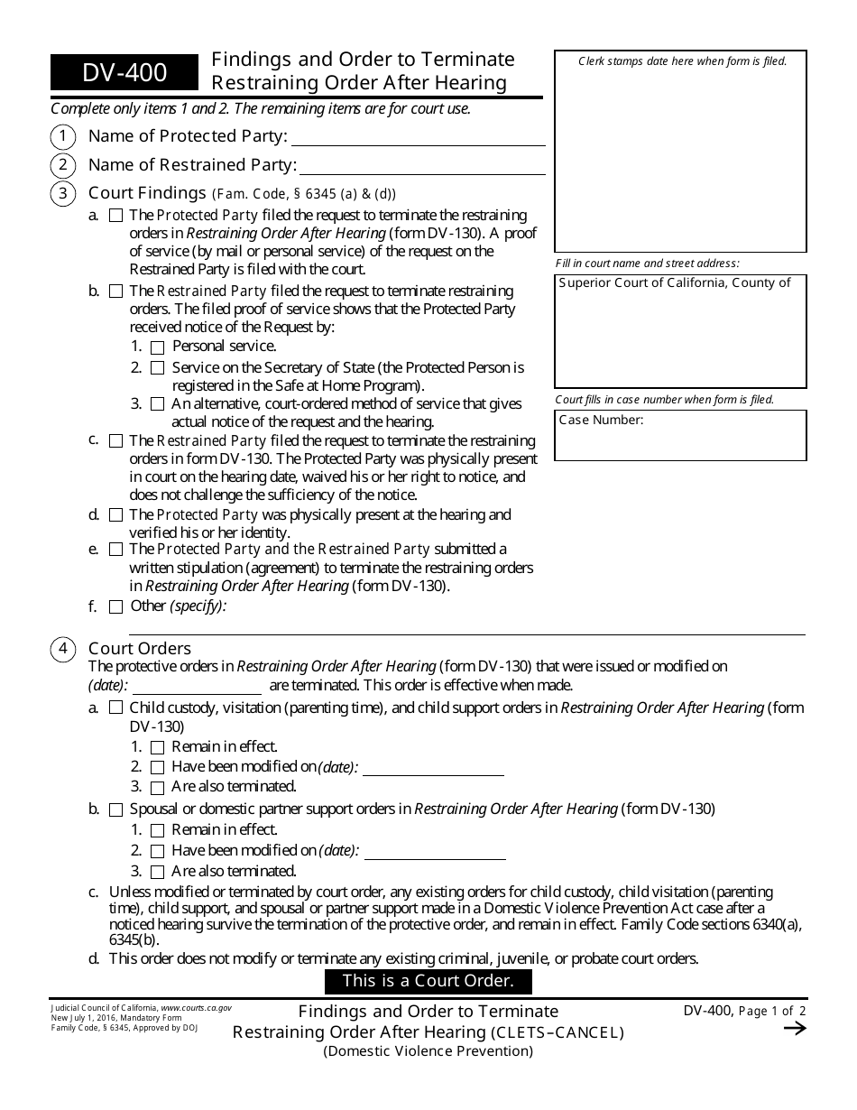 Form DV-400 Findings and Order to Terminate Restraining Order After Hearing - California, Page 1