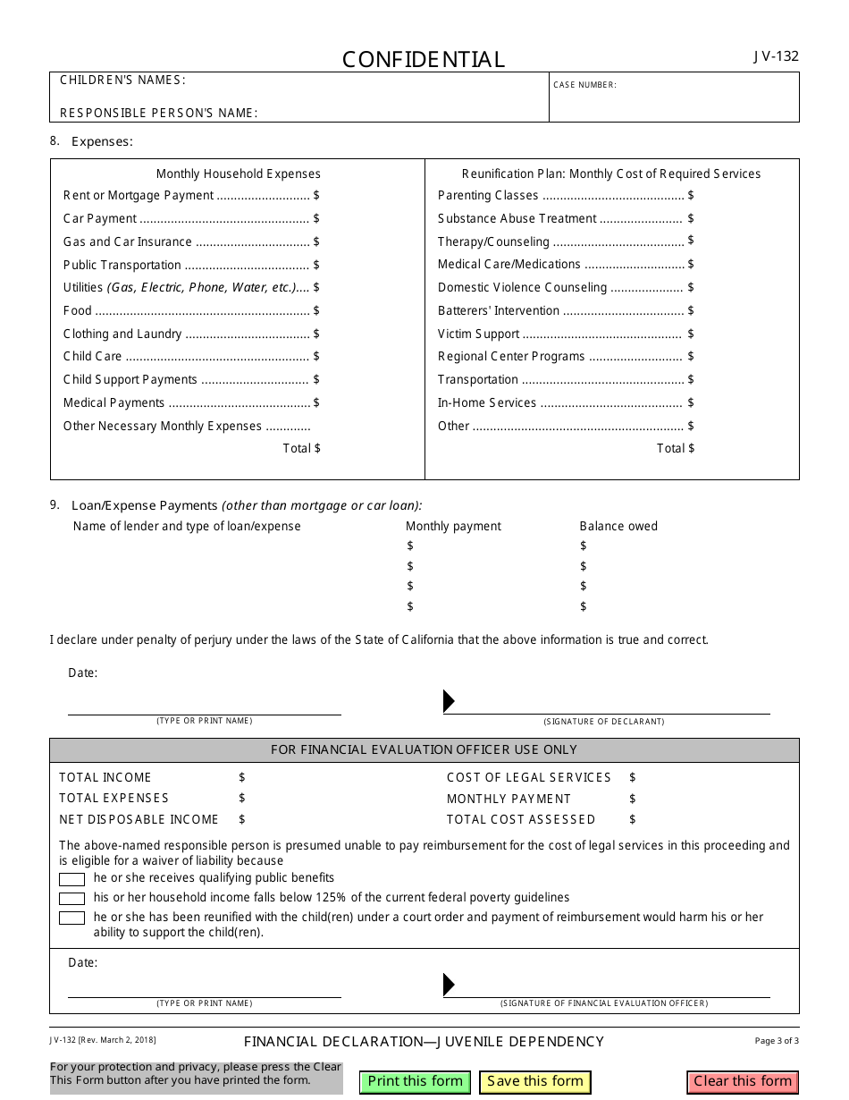 Form JV-132 Financial Declaration - Juvenile Dependency - California, Page 3