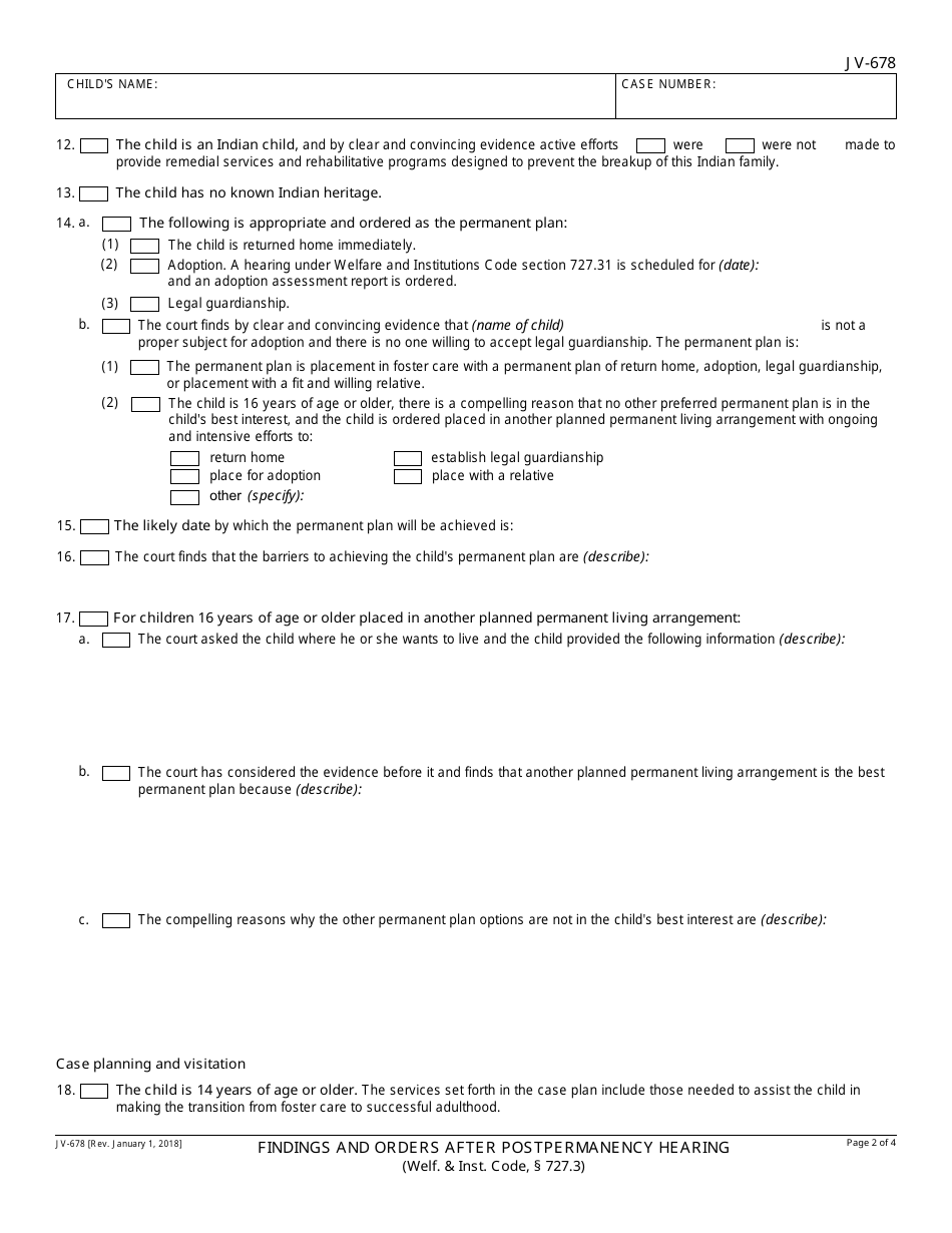 Form JV-678 Findings and Orders After Postpermanency Hearing - Delinquency - California, Page 2
