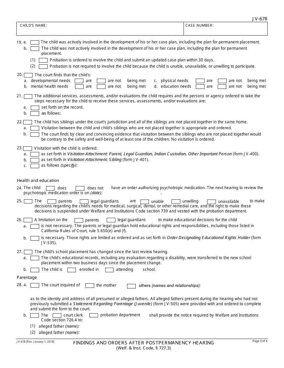Form JV-678 Findings and Orders After Postpermanency Hearing - Delinquency - California, Page 3