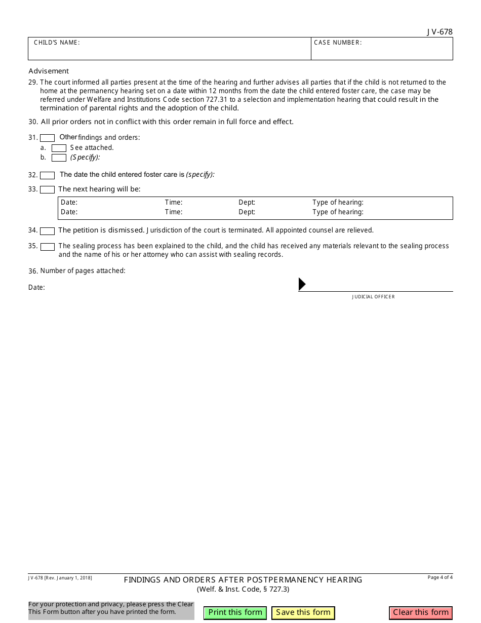 Form JV-678 Findings and Orders After Postpermanency Hearing - Delinquency - California, Page 4