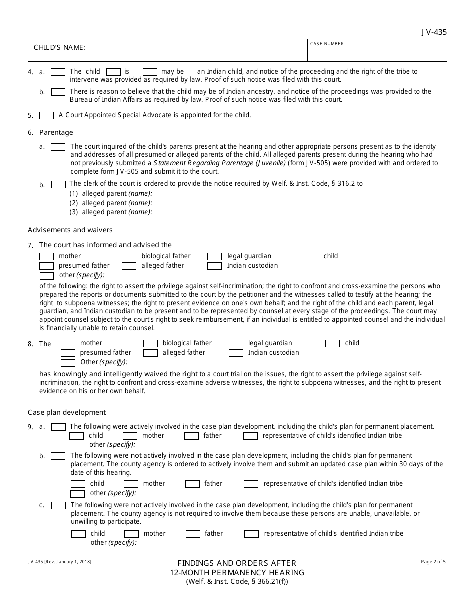 Form JV-435 Findings and Orders After 12-month Permanency Hearing - California, Page 2