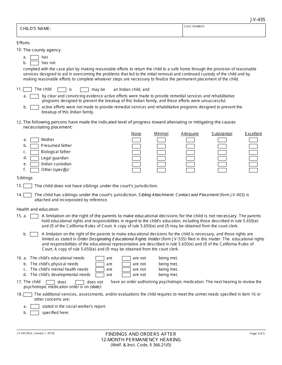 Form JV-435 Findings and Orders After 12-month Permanency Hearing - California, Page 3