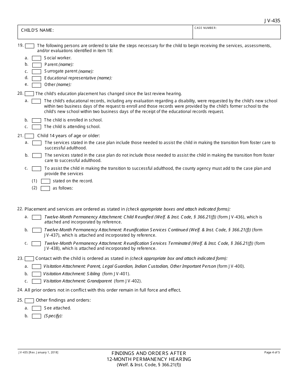 Form JV-435 Findings and Orders After 12-month Permanency Hearing - California, Page 4