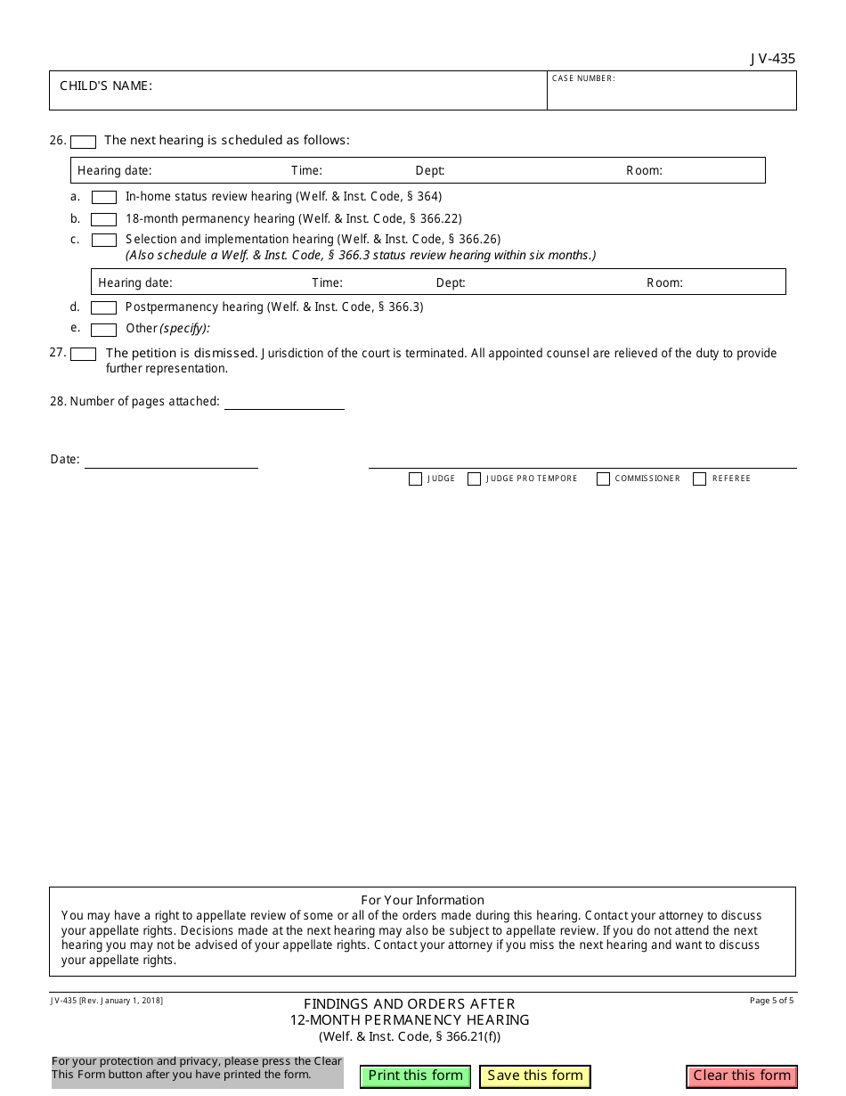 Form JV-435 Findings and Orders After 12-month Permanency Hearing - California, Page 5