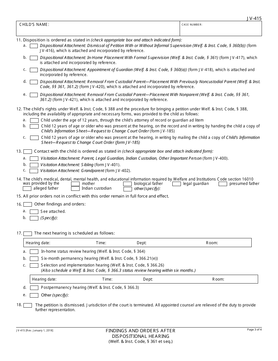 Form JV-415 Findings and Orders After Dispositional Hearing - California, Page 3