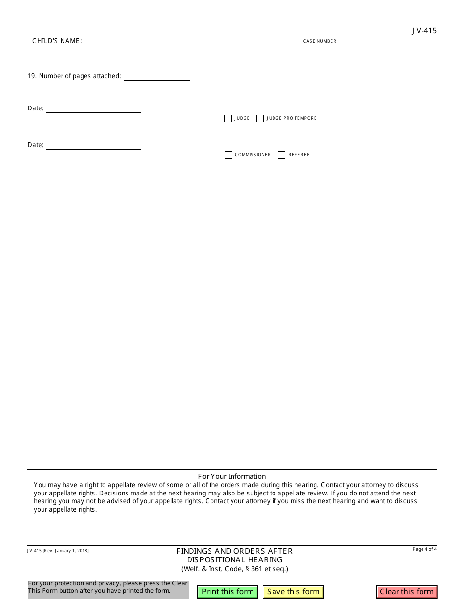 Form JV-415 Findings and Orders After Dispositional Hearing - California, Page 4