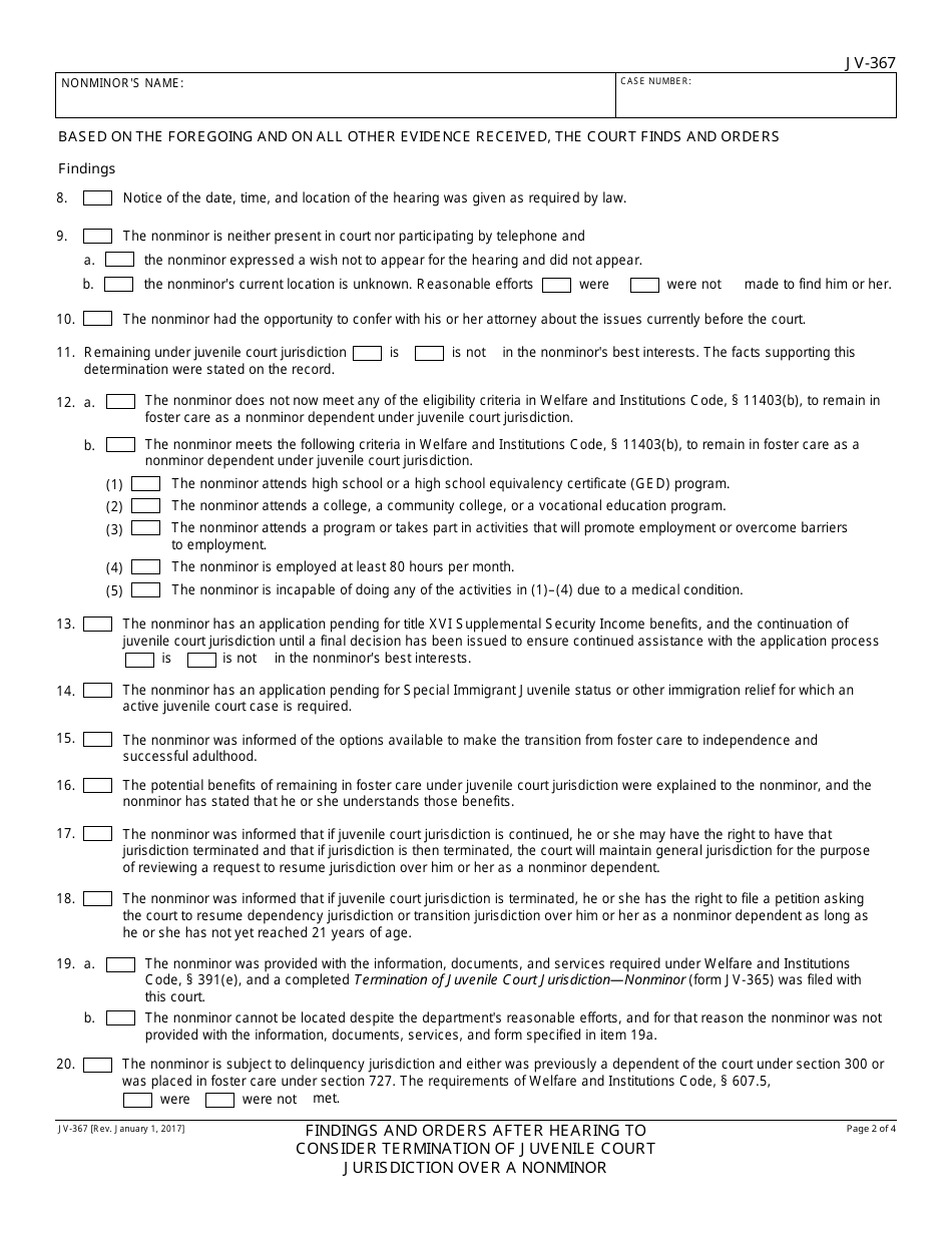 Form JV-367 Findings and Orders After Hearing to Consider Termination of Juvenile Court Jurisdiction Over a Nonminor - California, Page 2