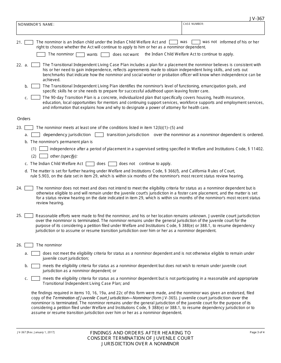 Form JV-367 Findings and Orders After Hearing to Consider Termination of Juvenile Court Jurisdiction Over a Nonminor - California, Page 3