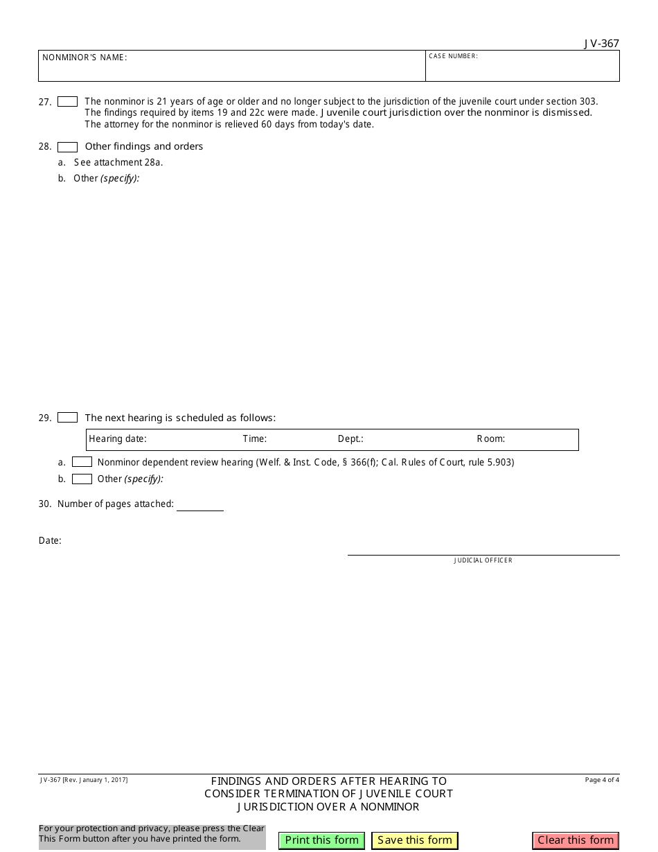 Form JV-367 Findings and Orders After Hearing to Consider Termination of Juvenile Court Jurisdiction Over a Nonminor - California, Page 4