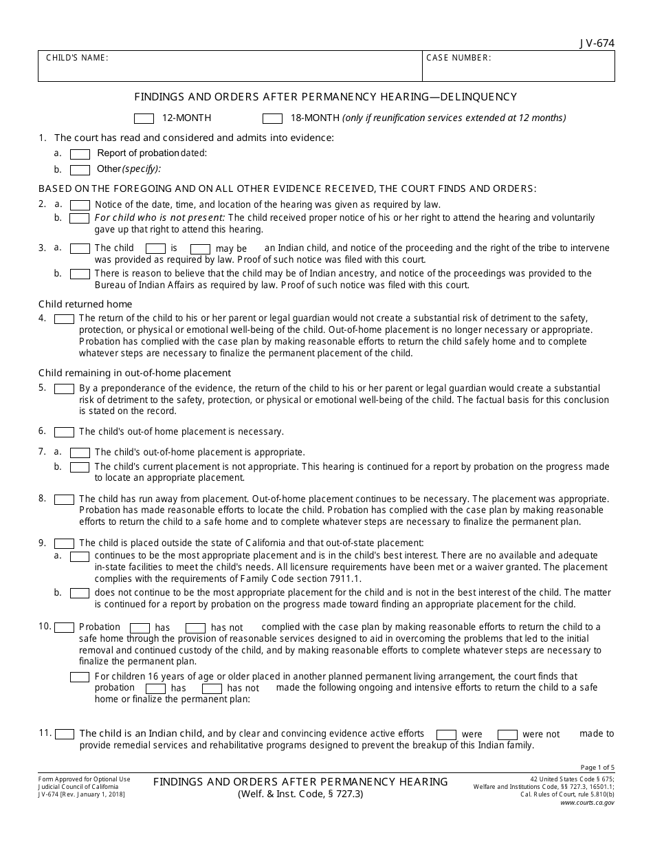 Form JV-674 Findings and Orders After Permanency Hearing - Delinquency - California, Page 1
