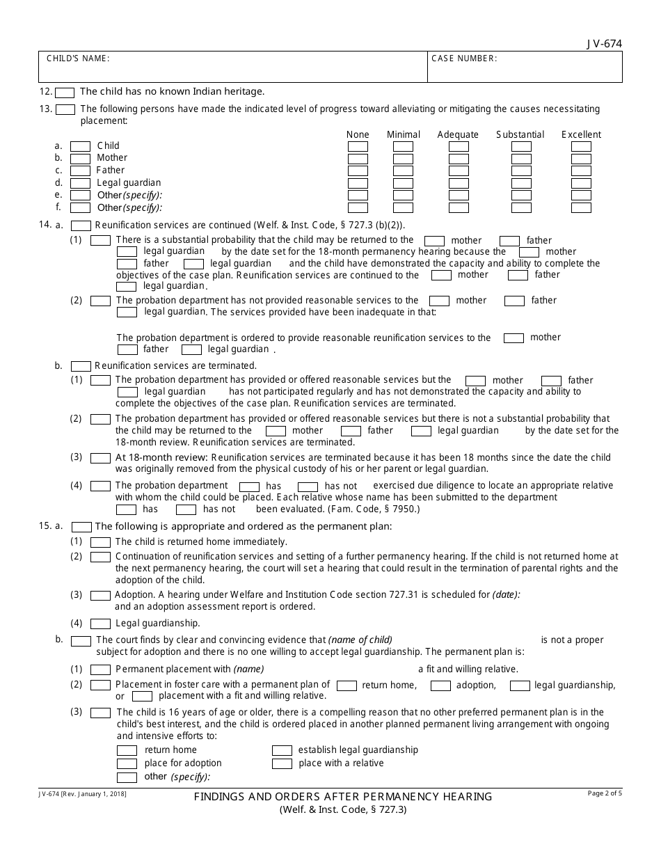 Form JV-674 Findings and Orders After Permanency Hearing - Delinquency - California, Page 2