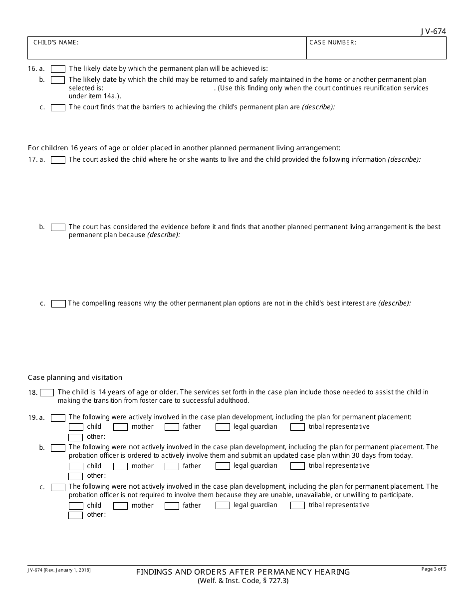 Form JV-674 Findings and Orders After Permanency Hearing - Delinquency - California, Page 3