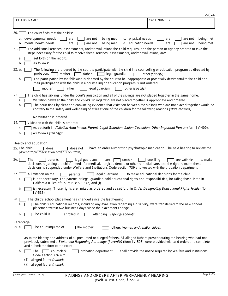 Form JV-674 Findings and Orders After Permanency Hearing - Delinquency - California, Page 4