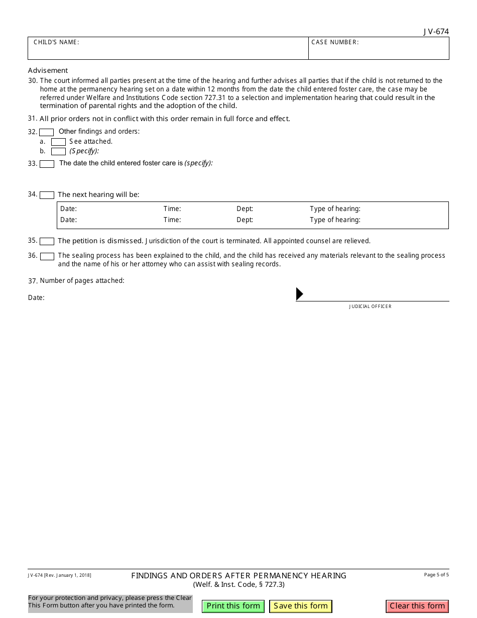 Form JV-674 Findings and Orders After Permanency Hearing - Delinquency - California, Page 5