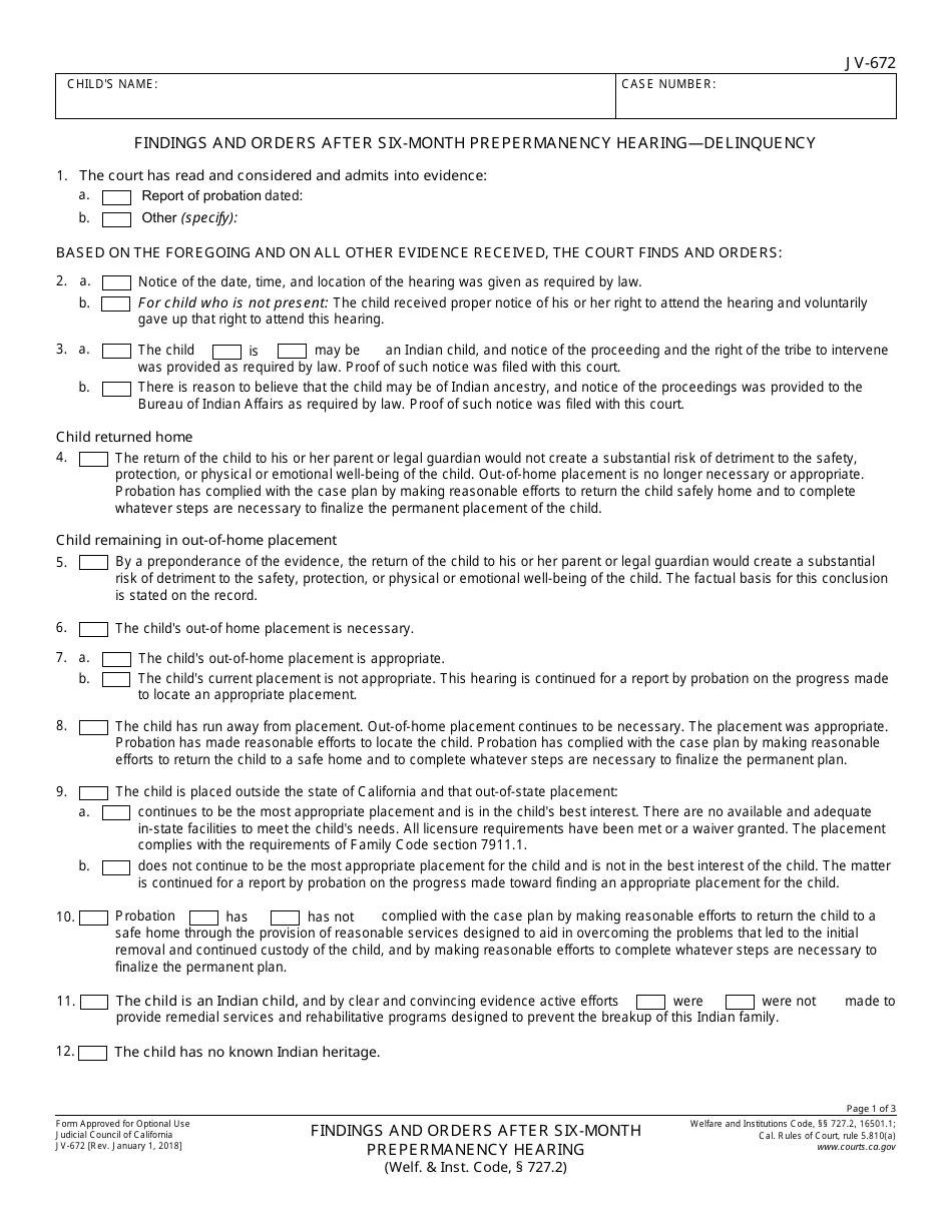 Form JV-672 Findings and Orders After Six-Month Prepermanency Hearing - Delinquency - California, Page 1