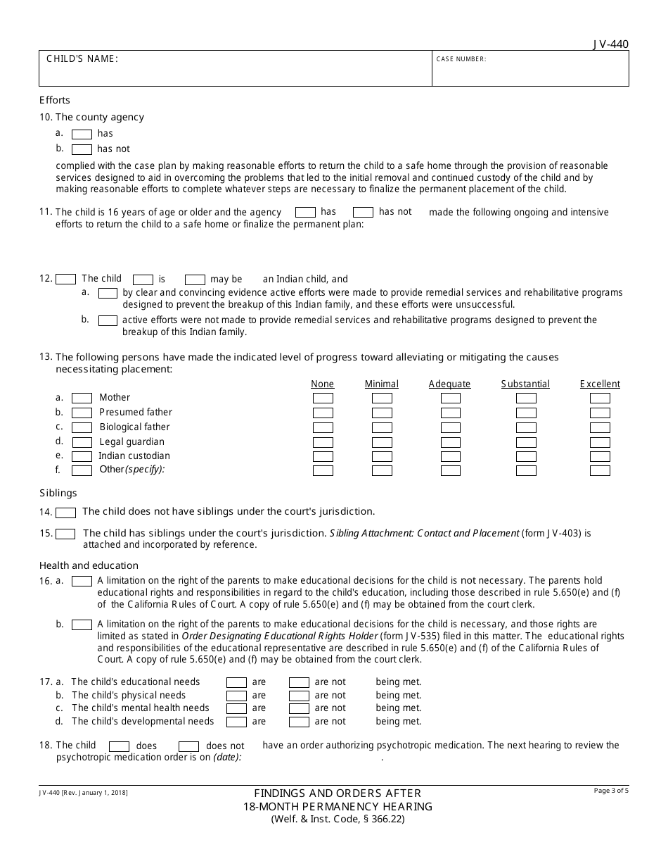 Form JV-440 Findings and Orders After 18-month Permanency Hearing - California, Page 3
