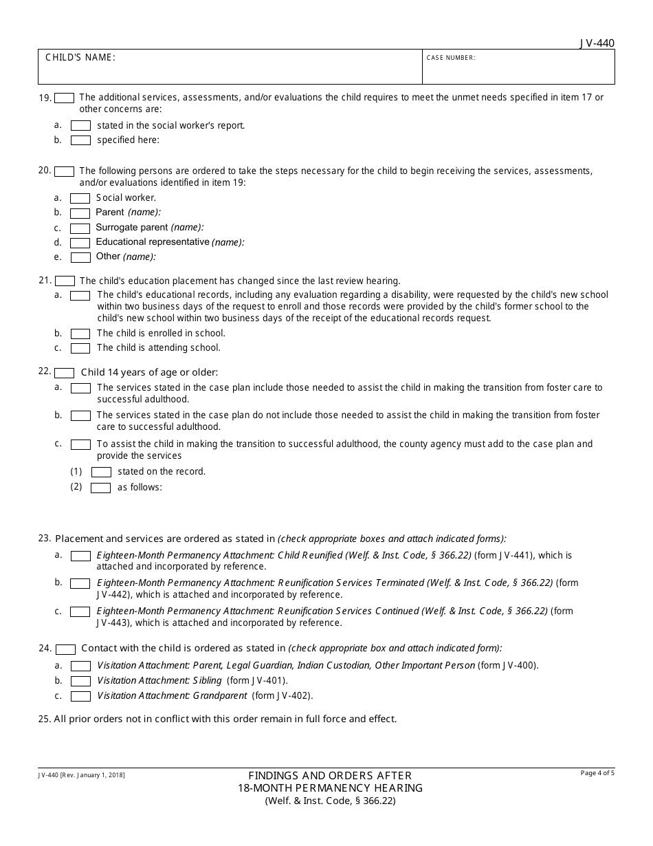 Form JV-440 Findings and Orders After 18-month Permanency Hearing - California, Page 4