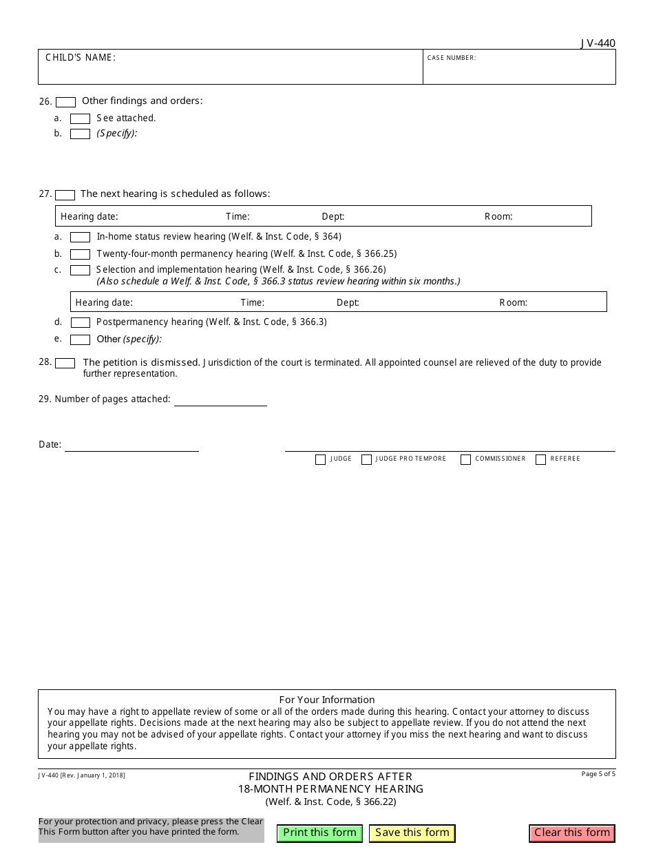 Form JV-440 Findings and Orders After 18-month Permanency Hearing - California, Page 5