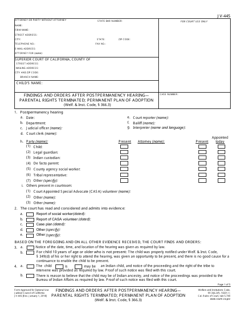 Form JV-445  Printable Pdf