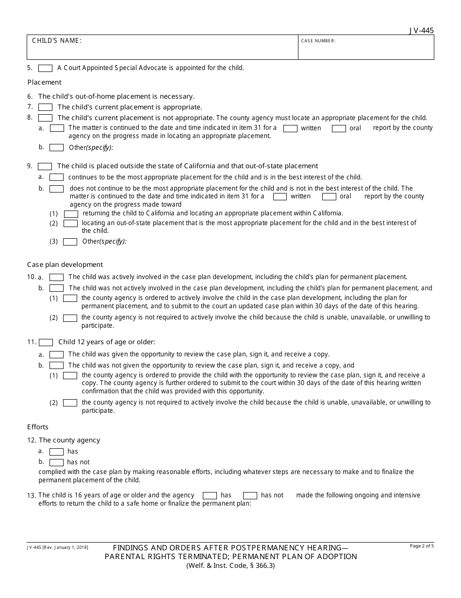 Form JV-445 Findings and Orders After Postpermanency Hearing - Parental Rights Terminated; Permanent Plan of Adoption - California, Page 2
