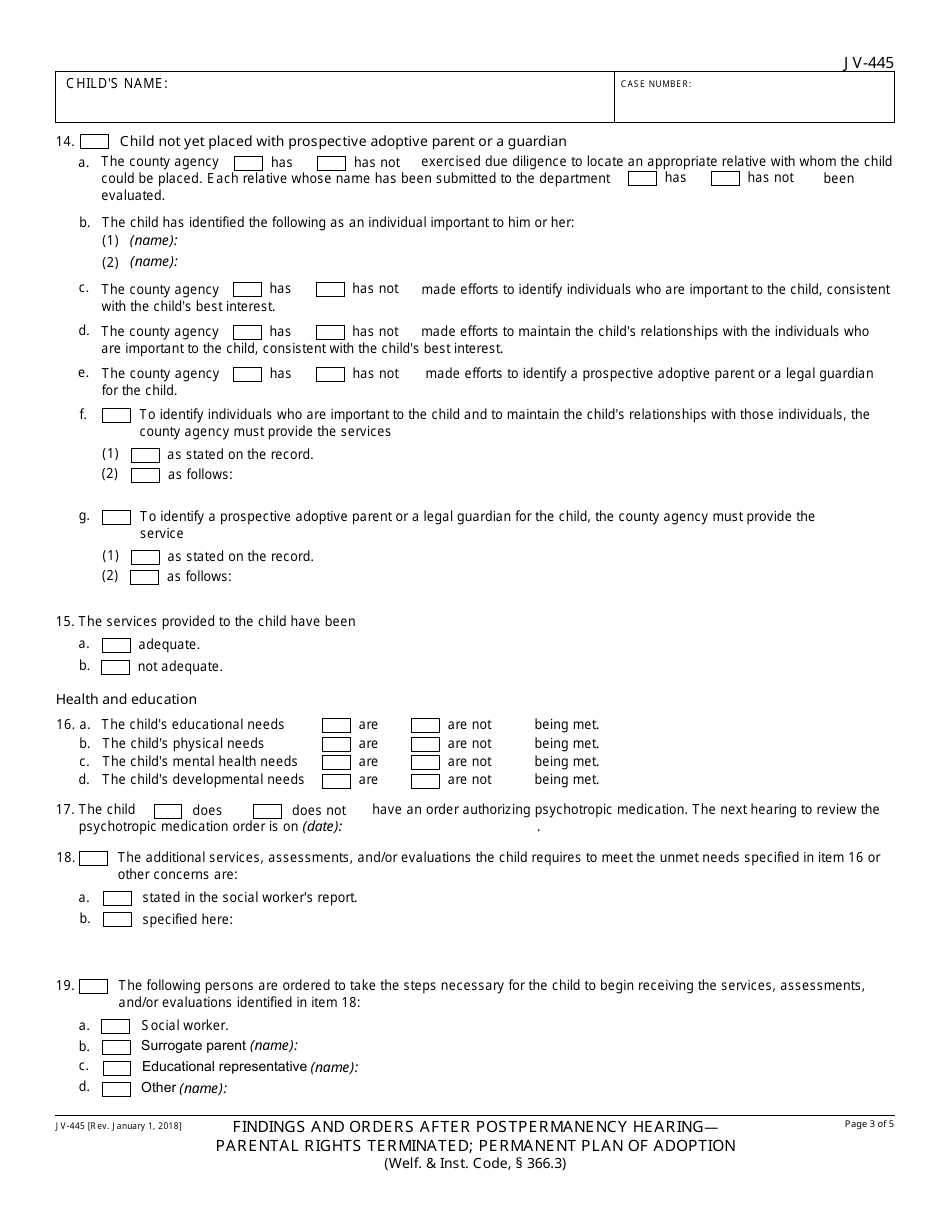 Form JV-445 Findings and Orders After Postpermanency Hearing - Parental Rights Terminated; Permanent Plan of Adoption - California, Page 3