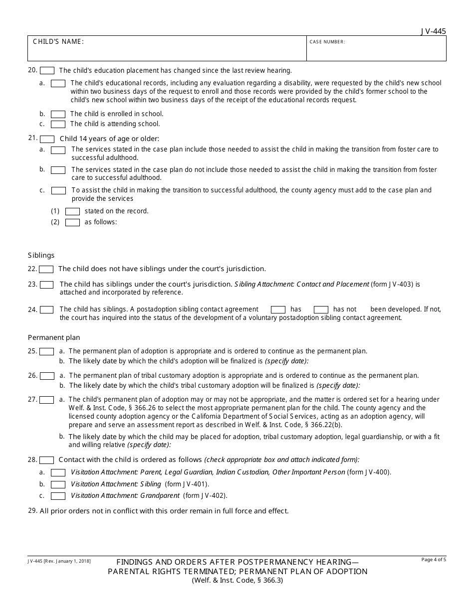 Form JV-445 Findings and Orders After Postpermanency Hearing - Parental Rights Terminated; Permanent Plan of Adoption - California, Page 4