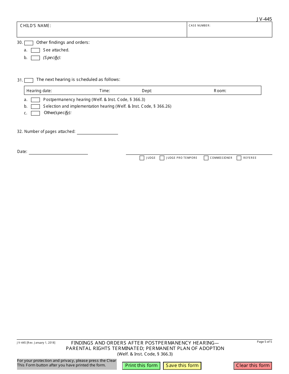 Form JV-445 Findings and Orders After Postpermanency Hearing - Parental Rights Terminated; Permanent Plan of Adoption - California, Page 5