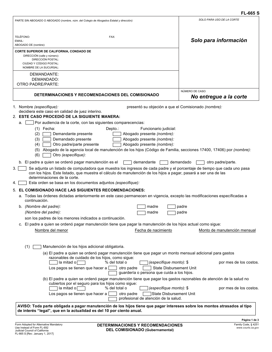 Formulario FL-665 S Determinaciones Y Recomendaciones Del Comisionado - California (Spanish), Page 1