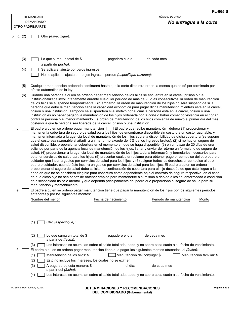 Formulario FL-665 S Determinaciones Y Recomendaciones Del Comisionado - California (Spanish), Page 2