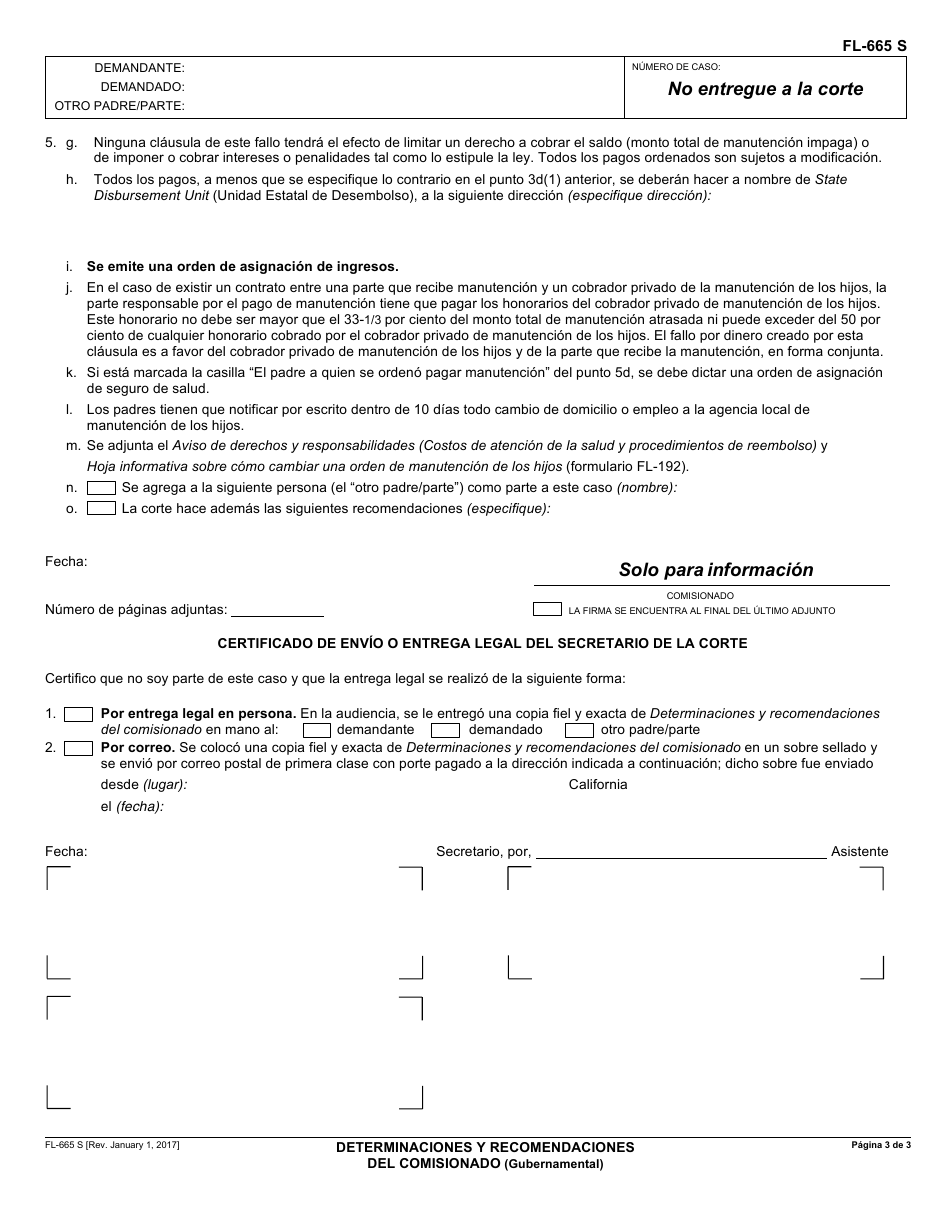 Formulario FL-665 S Determinaciones Y Recomendaciones Del Comisionado - California (Spanish), Page 3