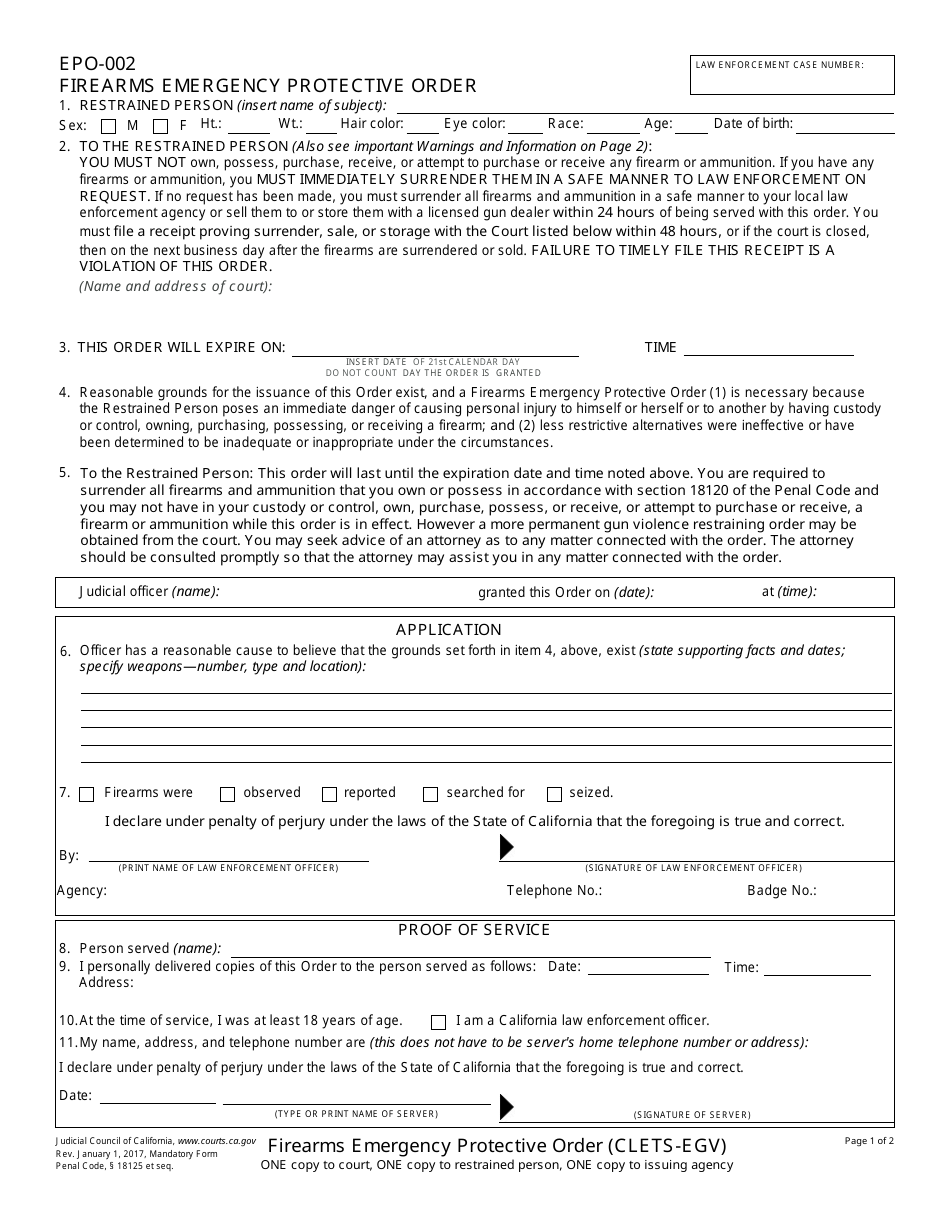 Form EPO-002 Firearms Emergency Protective Order - California, Page 1