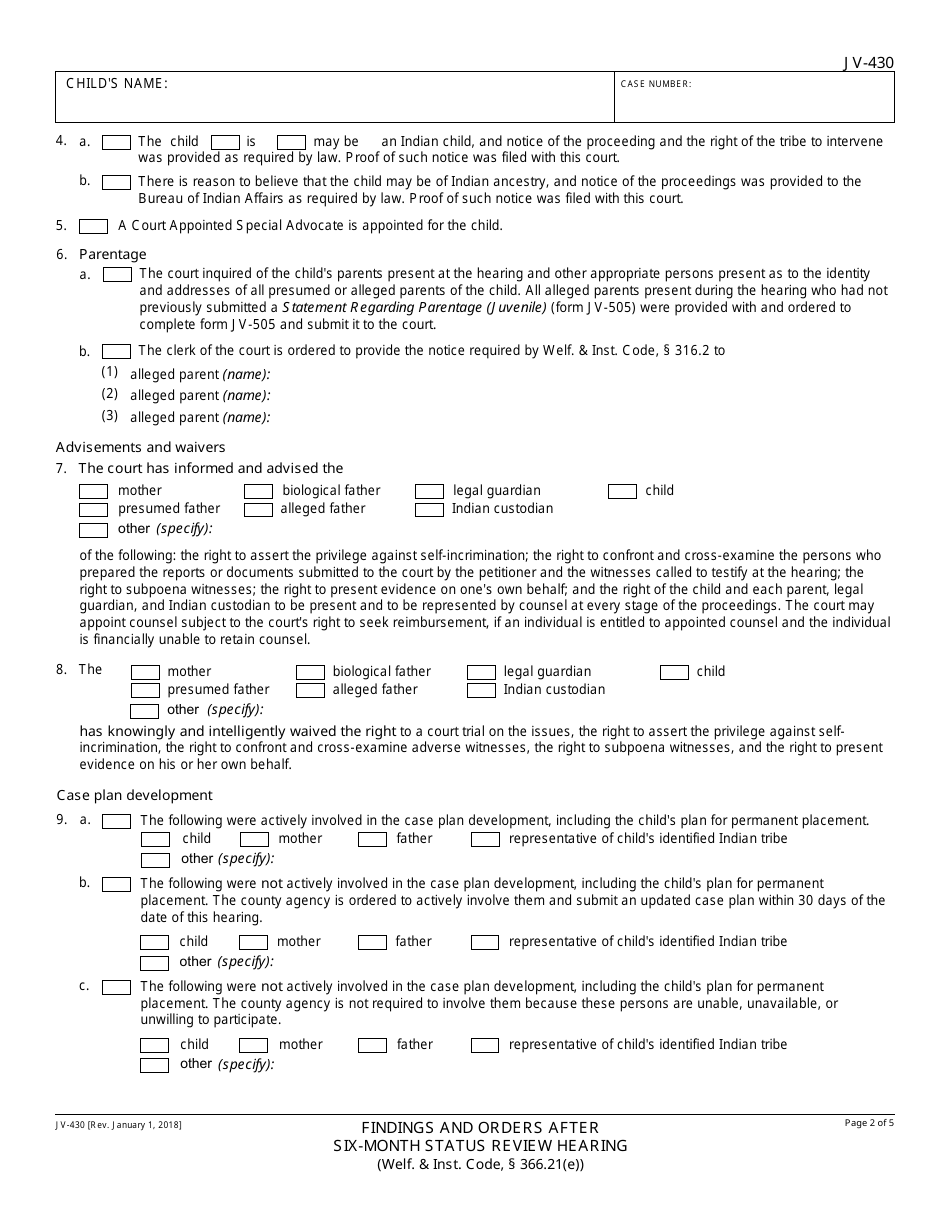 Form JV-430 Findings and Orders After Six-Month Status Review Hearing - California, Page 2