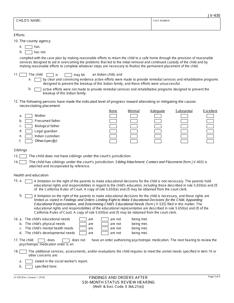 Form JV-430 Findings and Orders After Six-Month Status Review Hearing - California, Page 3