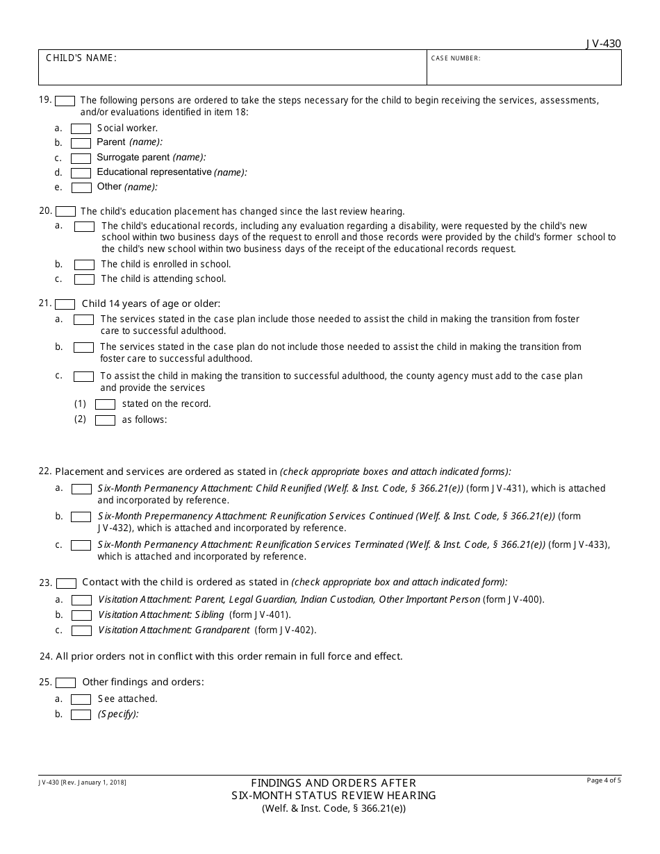 Form JV-430 Findings and Orders After Six-Month Status Review Hearing - California, Page 4