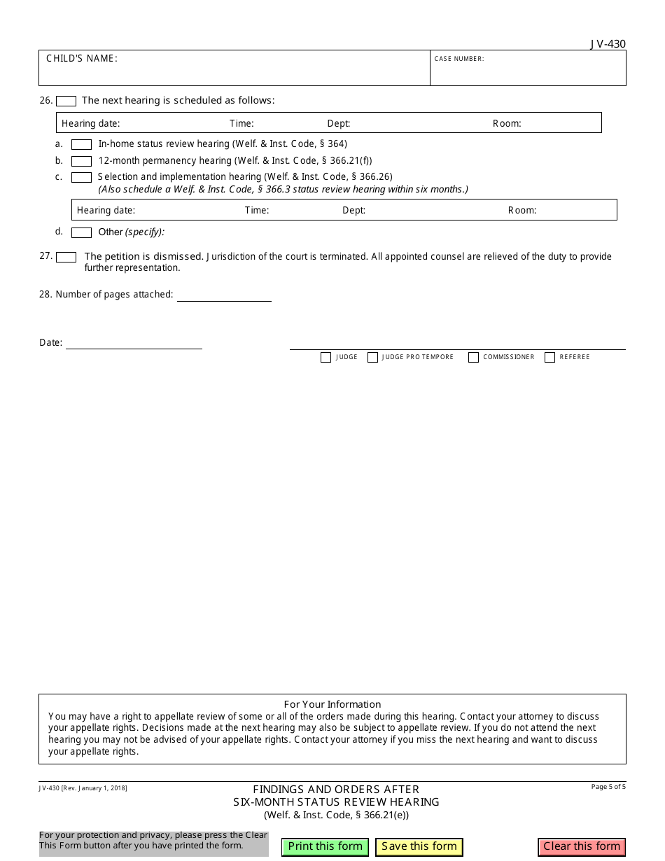 Form JV-430 Findings and Orders After Six-Month Status Review Hearing - California, Page 5